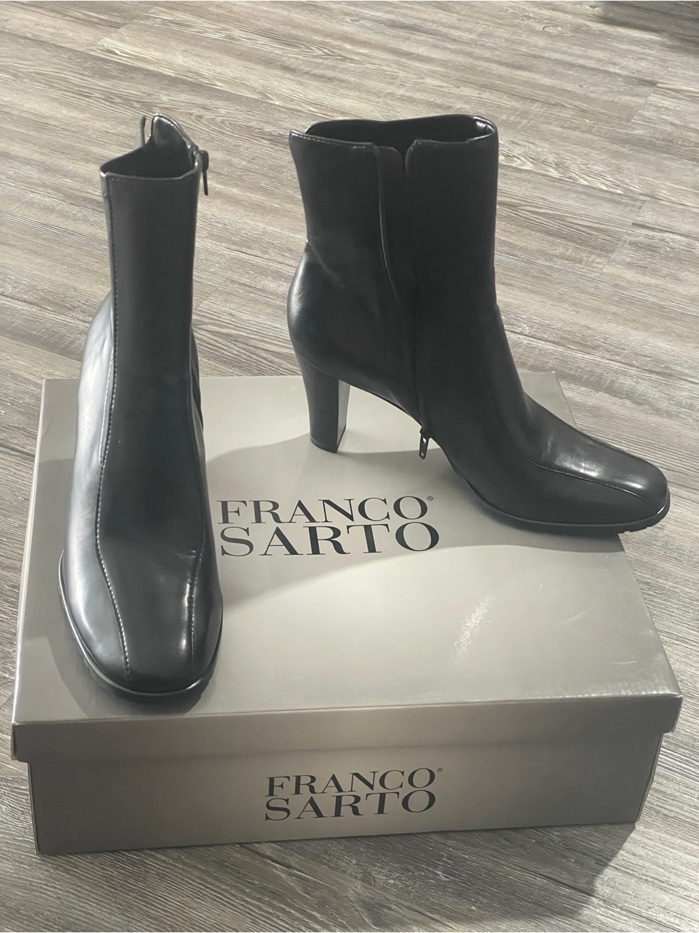 Franco Sarto Luella Square Toe Black Leather Ankle Boots
